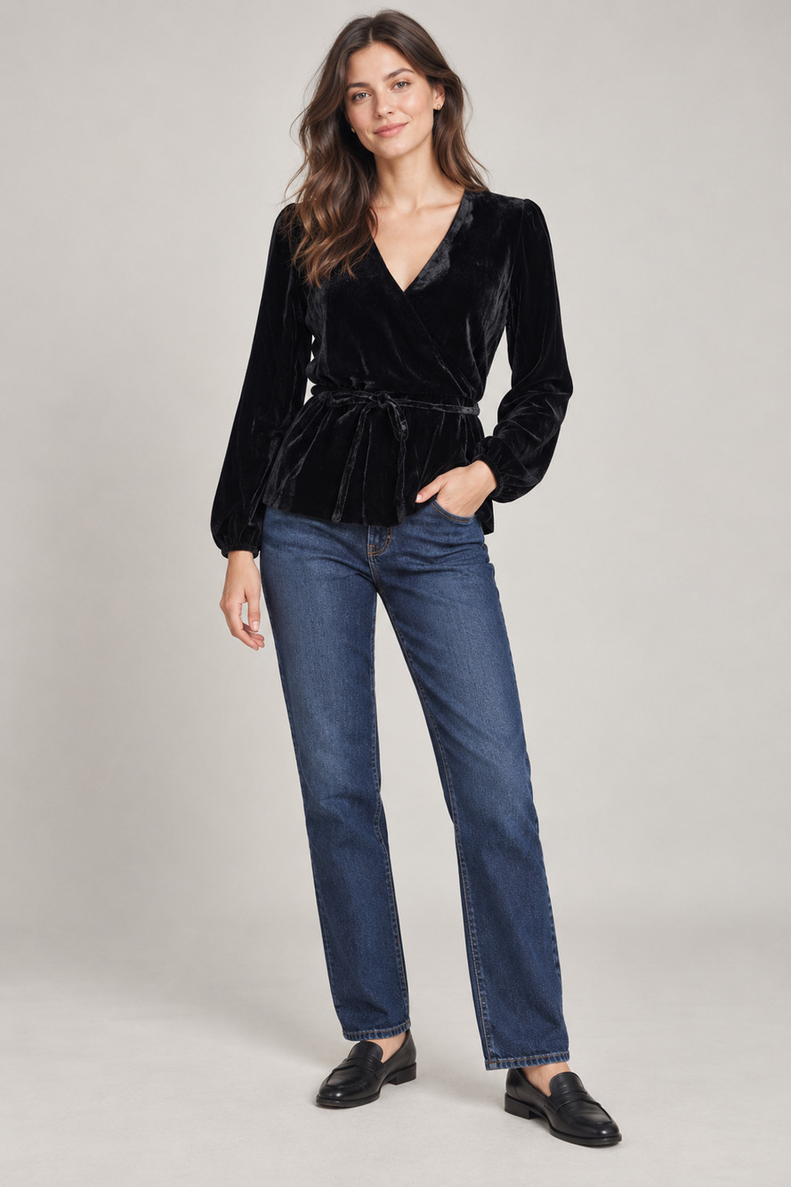 J.Crew Velvet Faux-Wrap Blouse 4 Small Black Long Sleeve Top NWT